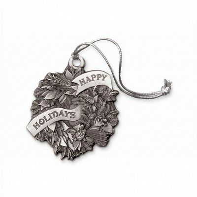 Full Size Stock Design Happy Holidays Wreath Pewter Ornament