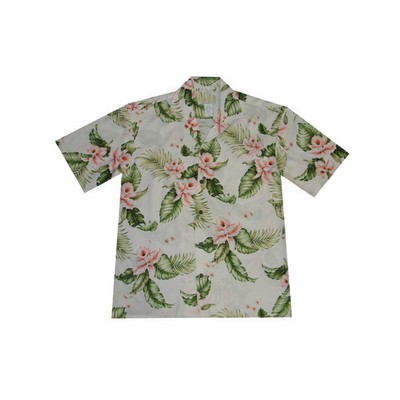 White/Coral Hawaiian Shirt - 100% Silky Rayon Tropical Bahama Print w/ Coconut Buttons (S-3XL)
