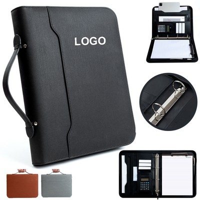 A4 PU Leather Portfolio Business Folder Zipper Bag w/Handle and Calculator