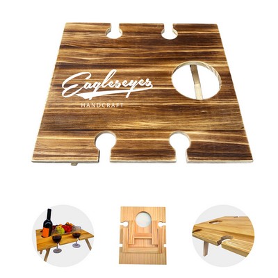 Wooden Folding Wine Table with Cup Holder and Snack Tray