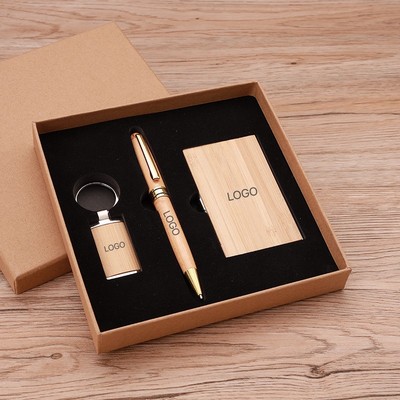 Natural Bamboo Business Card Holder & Keychain Gift Set Eco-Friendly Corporate Stationery Kit
