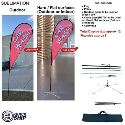 48Hr Quick Ship - 12' Medium Tear Drop Flag Kit, Full Color Graphics One Side, Outdoor & Indoor base