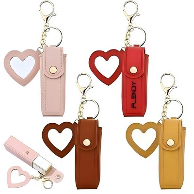 Potable Pu Leather Lipstick Holder Keychain W/ Mirror