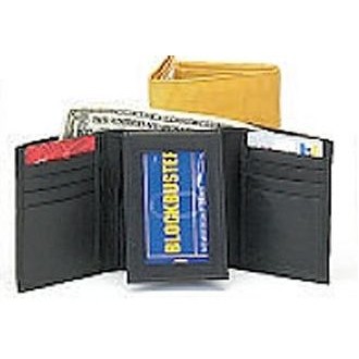 Men's Cowhide Leather Tri-Fold Wallet w/Flip-Up ID Slot