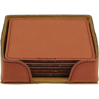 Square Coaster Set - Leatherette - Rawhide/Engraves Black