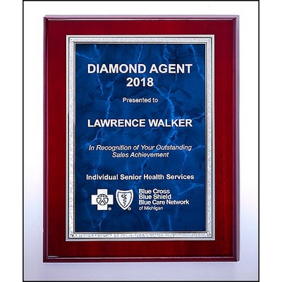 Airflyte® Rosewood High Lustr™ Plaque w/Blue Marble Center & Silver Florentine Border (7"x 9")