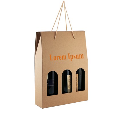 Three-Bottle Kraft Wine Bottle Carrier w/Windows & Rope Handles