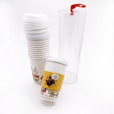 12pcs Paper Cups Lids And Sleeves Packing Set In Round Box