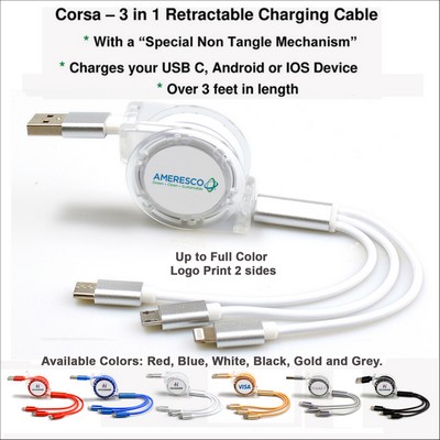 Corsa 3" 1 Retractable Charging Cable - Whiite