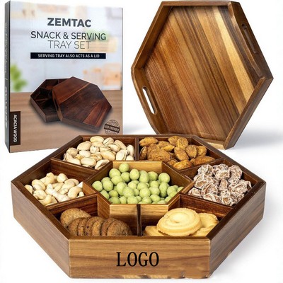 Hexagon Acacia Wood Snack Tray 7 Compartments Lid Serving Tray