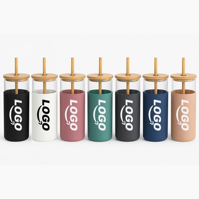 16 Oz. Glass Tumblers With Bamboo Lids And Straw
