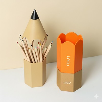 Pencil Shaped Desktop Pen Holder with Lid Dustproof Stationery and Brush Organizer