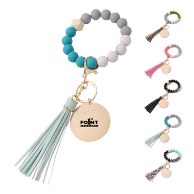 Silicone Bead Bracelet Keychain Wristlet Key Ring W/Tassel