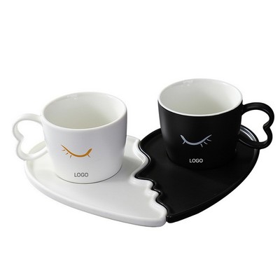 Black & White Couple's Coffee Cup Set Irregular Geometric Ceramic Mug Saucer Valentine's Gift