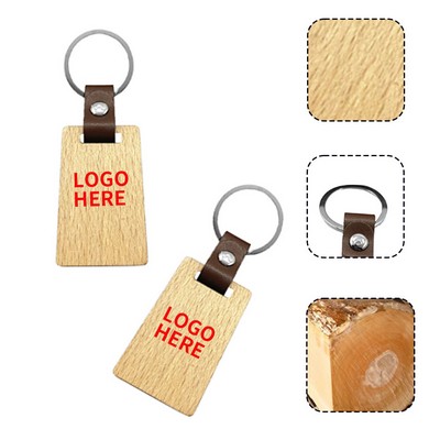Leather-Strap Rectangular Wooden Keyring