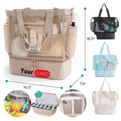14L Nylon Mesh Beach Tote Bag with Cooler Compartment