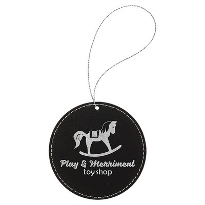 Black-Silver Laserable Leatherette Round Ornament, 3-3/4"x3-3/4"