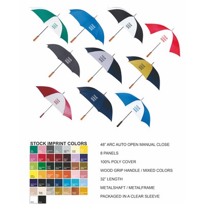 48" Auto Open, Manual Close Premium Stick Umbrella, Wood Handle