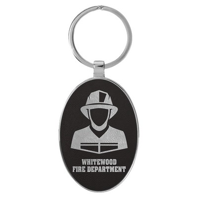 3" x 1 3/4" Leatherette/Metal Black/Silver Oval Keychain