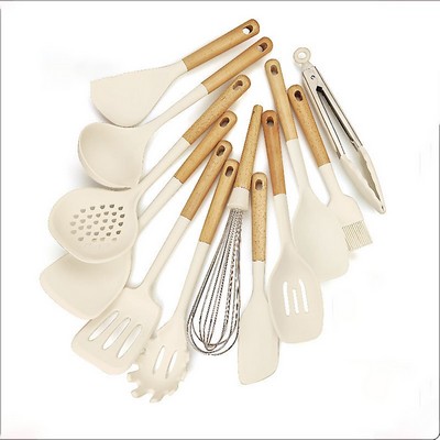12-Piece Set Of Silicone Kitchenware With Wooden Handles