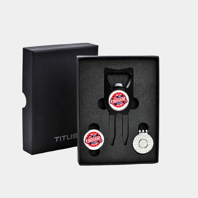 TiTUS® Golf Tool Set - Aluminium Divot Tool, Ball Marker & Cap Clip