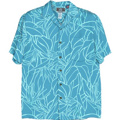 Soft & Supple Silky Rayon Tropical Print Slate Blue Hawaiian Shirt w/Coconut Buttons