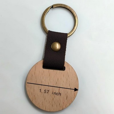 Premium Round Wood Keychain w/ Leather Strap