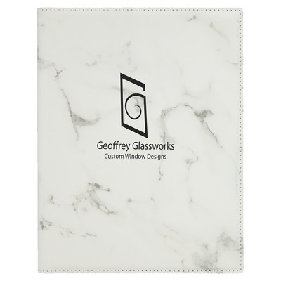 White Marble Small Leatherette Portfolio with Lined Notepad - Laser Engraves to Black