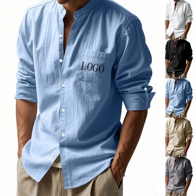 Men's Stand Collar Linen Long Sleeve Shirt