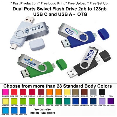 Dual Ports Swivel Silver Flash Drive USB C and USB A 64 GB OTG