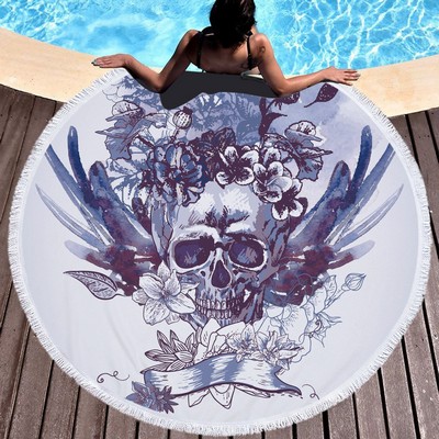 60" Round Microfiber Skull Halloween Towel with Tassel Fringe