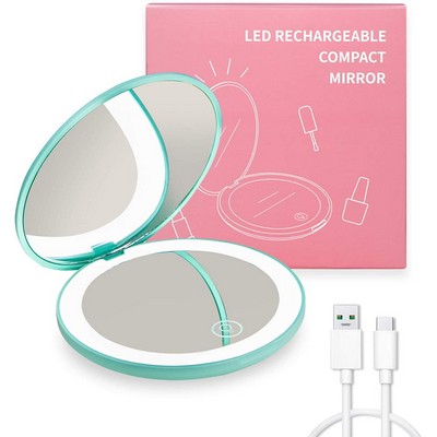 Compact Lighted Makeup Mirror Rechargeable, Round 2-Sided 1x/10x Magnification,Smart Touch Dimmable