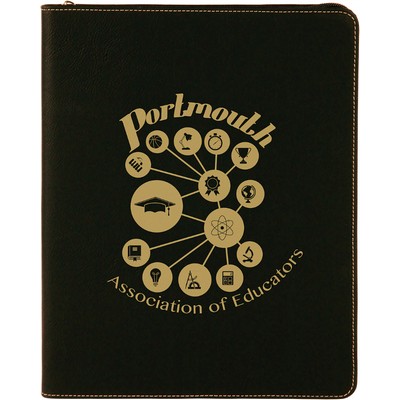 9 1/2" x 12" Black/Gold with Zipper Leatherette Portfolio with Notepad