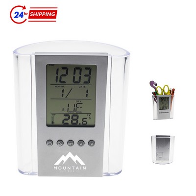 Digital Desk Pen Pencil Holder w/Electronic Clock