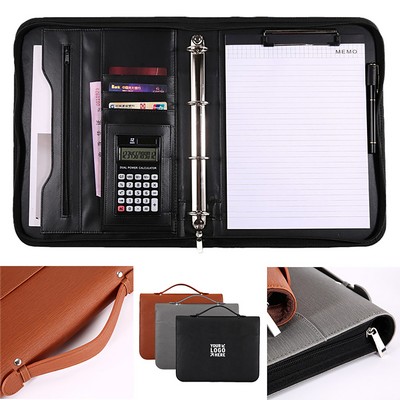 PU Leather A4 Zip Portfolio w/ Calculator & Memo Pad