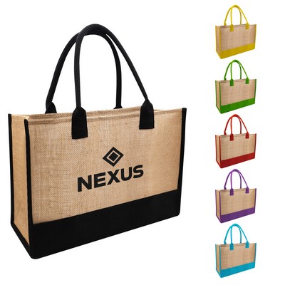 Reusable Two Tone Burlap Shopping Tote Bag 17"x11.8"x7.9"