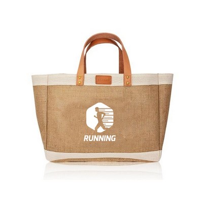 Large Jute Boat Tote Bag W/ Leather Handle