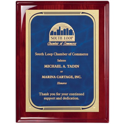 Rosewood Piano Finish Plaque with Blue Marble Plate Florentine Border, 9 x 12"