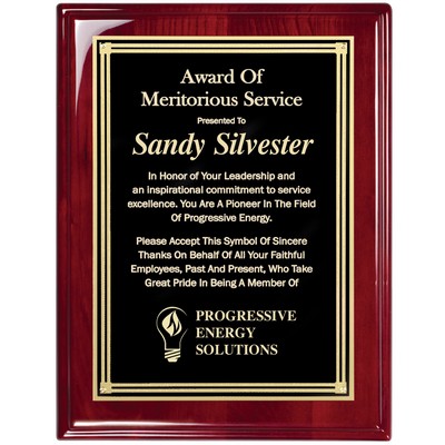 Rosewood Piano Finish Plaque with Black Plate Florentine Border, 12 x 15"