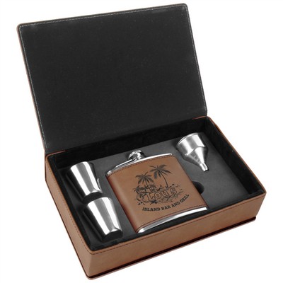 Faux Leather Dark Brown Flask Gift Set, Engraved