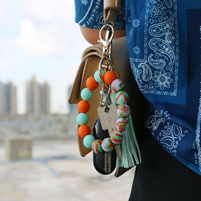 Silicone Beaded Bracelet Keychain with Leather Tassel