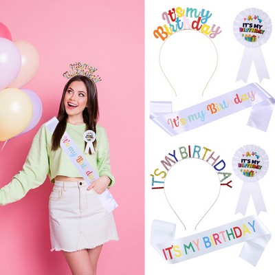 IT'S MY BIRTHDAY Party Sash Tiara w/ Tinplate Badge