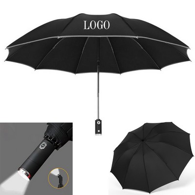 42" Custom 190T Water Resistant Fabric Folding Reverse LED Wind Resistant Automatic Travel Umbrella