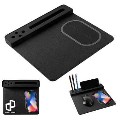 Pu Wireless Charging Mouse Pad W/ 4 Pen-Slot