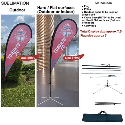 7.5' X-Small Tear Drop Flag Kit, Full Color Graphic 1 Side, Outdoor Use Spike base, Indoor Crossbase
