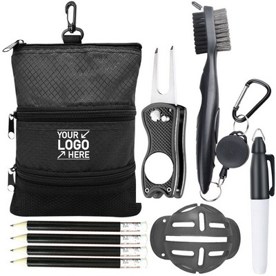 Golf Accessories Kit with Zipper Pouch – Divot Tool, Brush, Marker & Tees