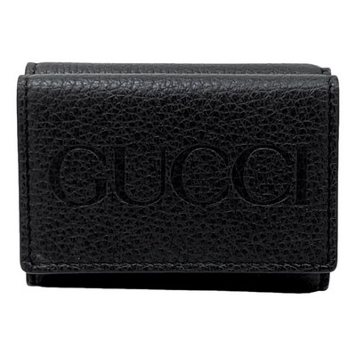Gucci Embossed Logo Mini Tri-Fold Wallet Black Pebbled Leather