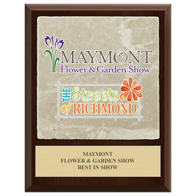 Cherry Finish Plaque w/Tumbled Stone Tile & Engraved Plate (7"x9")