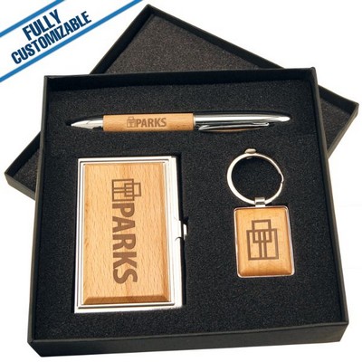 Silverwood Finish Gift Set w/Business Card Case, Pen & Keychain