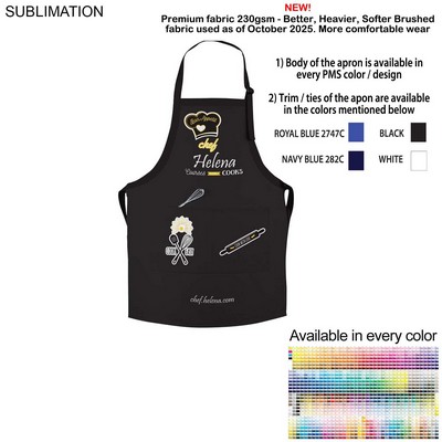 Colored Sublimated Bib Apron, 2 Pockets, Adjustable Neck, White or Stock Colored Ties (25"x28")